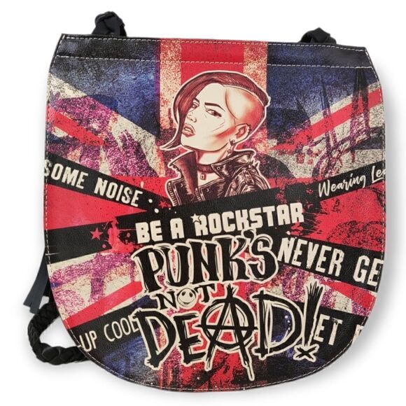 ☠️💥 BE A ROCKSTAR PUNK'S NOT DEAD MULTI COLOR VEGAN LEATHER SHOULDER BAG PURSE - Picture 1 of 10